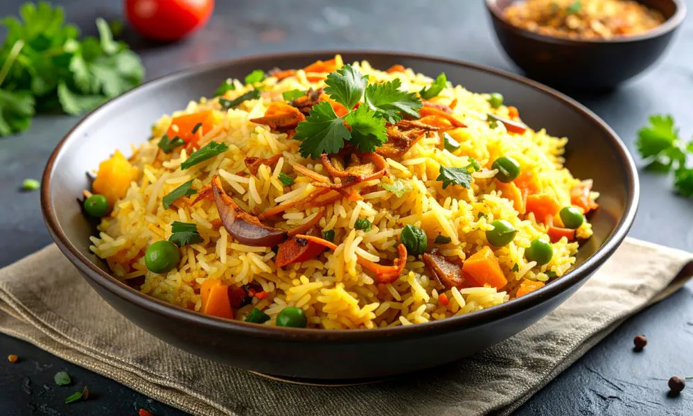 Vegetable biryani with peas, carrots, and cilantro at Lucky Dumplings, a Dumpling Restaurant in Great Neck