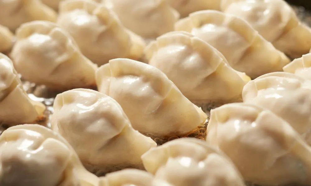 Pan-fried dumplings with crispy bottoms in a hot pan at Lucky Dumplings, a Dumpling Restaurant in Great Neck